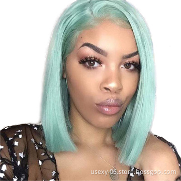 Green Lace Front Human Hair Wig Virgin Brazilian Hair Short Colored Straight Pre Plucked Lace Front Wigs